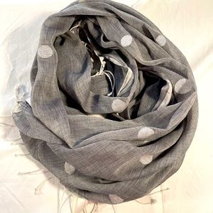 Eileen Fisher grey scarf with white polka dots and white fringe